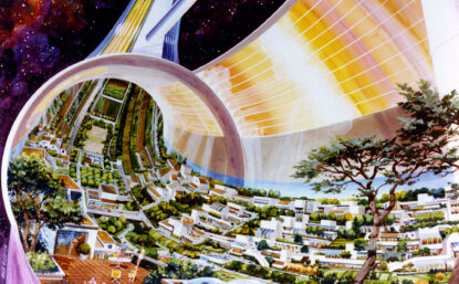 Color illustrations of a donut-shaped space colony
