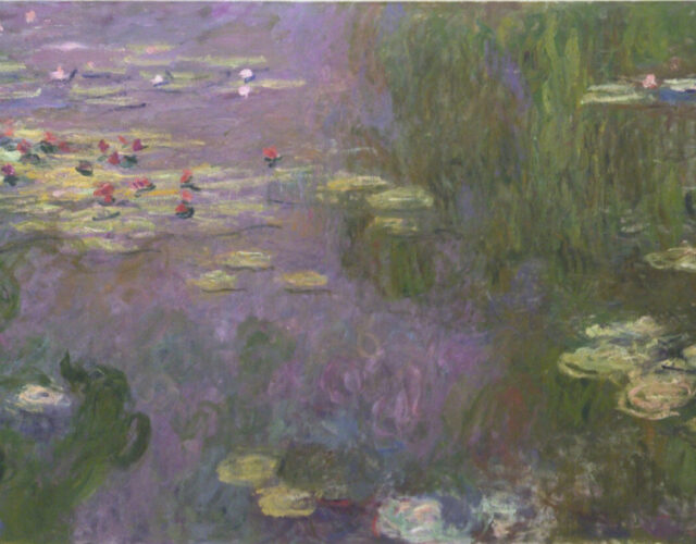 Impressionist painting of a lily pond