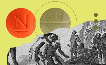 Collage illustration showing pills and historical image of Europeans enslaving Africans.
