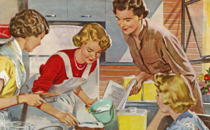 magazine ad showing a family in a kitchen