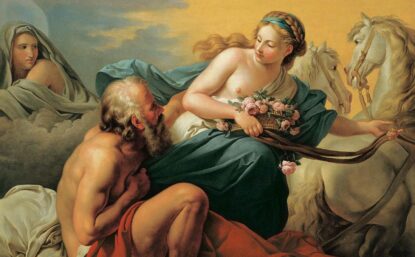 Painting of Greek goddess Aurora, draped in fabric and holding the reins of a white horse, as she gazes at the mortal Tithonus.