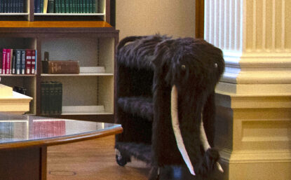 Book cart decorated as a woolly mammoth