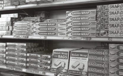 display of Saran Wrap on store shelves
