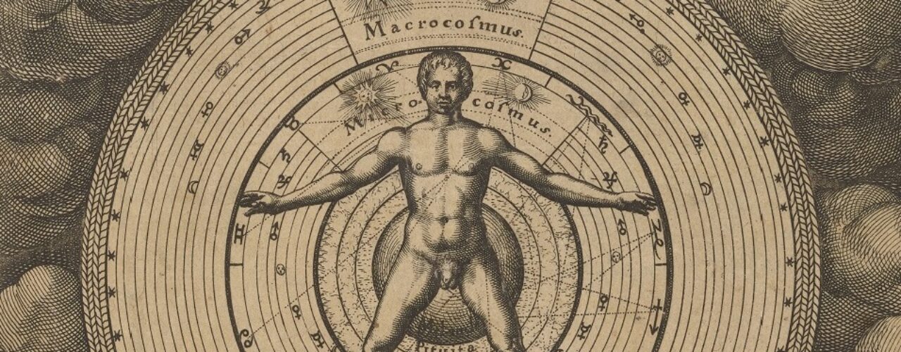 Illustration of a nude male figure standing within a disc. There are illustrated clouds in the background.