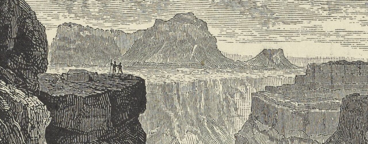 Black and white illustration of 2 figures standing on a cliff looking at the Colorado River