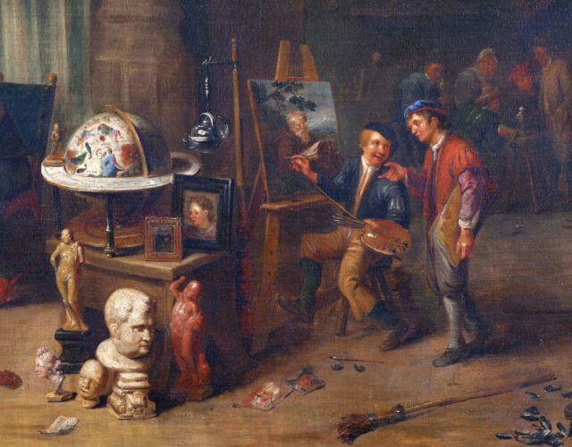 detail of an oil painting showing a painter at easel, with a bystander and a globe