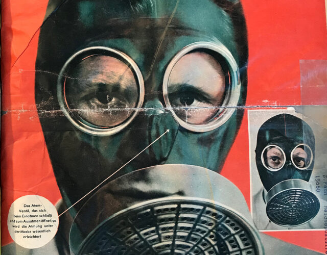 Magazine cover showing a man wearing a translucent illustration of a gas mask with the features of his face visible beneath